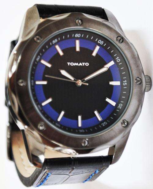 BRAND NEW Tomato Gents Black Leather Band Stainless Steel Round Blue Dial Sports Watch