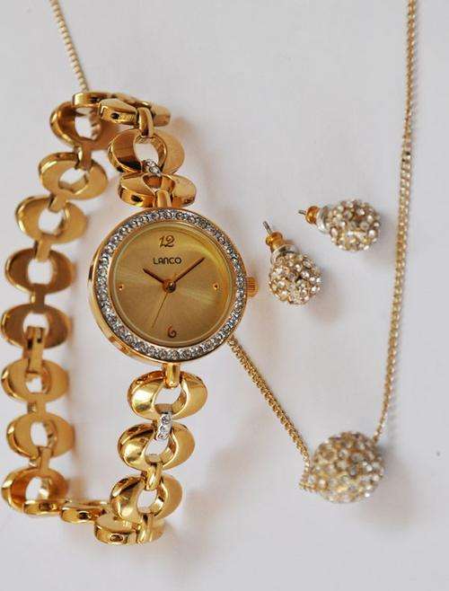 BRAND NEW Magnificent Lanco Gold Watch, Crystal Ball Necklace and Earring Set *STUNNING SET*