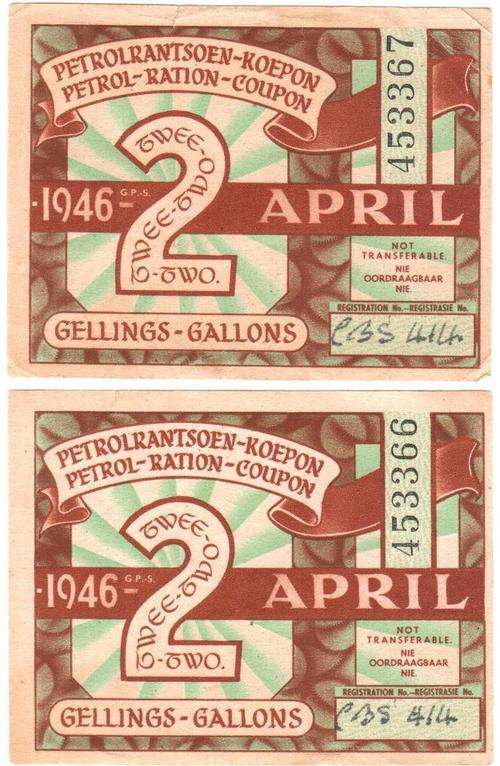 SA 1946 petrol ration coupons 2 gallons(x2) - unused