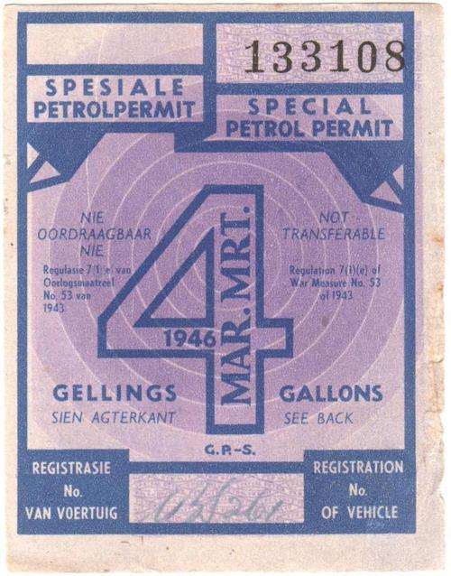 SA 1946 March special petrol permit, 4 gallons - unused