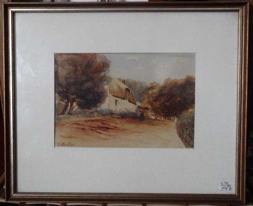 Watercolour painting by E. Barter "woman carring wood"