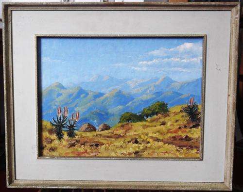 Old oil on canvas painting by Mouton, "Aloes on mountain"