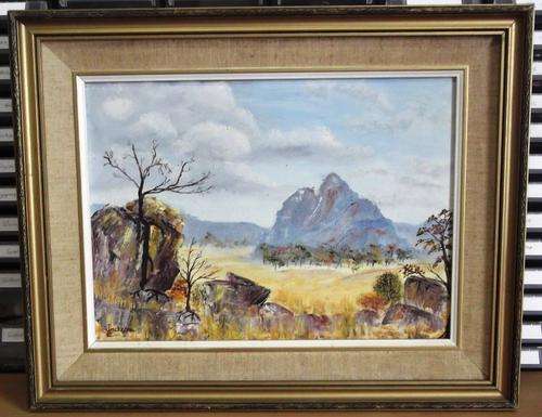 Vintage oil on canvas painting by S. Jackson, "Lowveld"