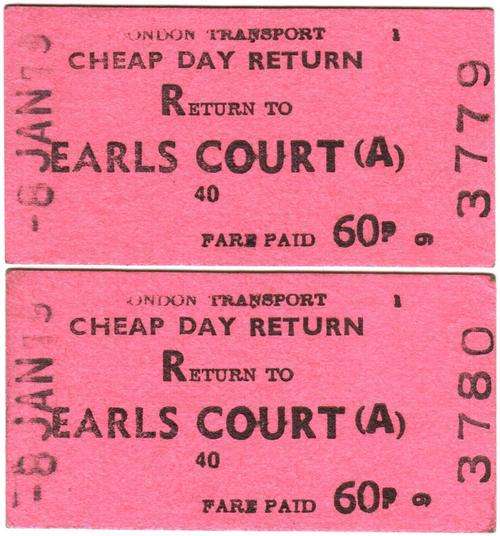 Two return tickets from Earls Court, London 8 Jan 1975
