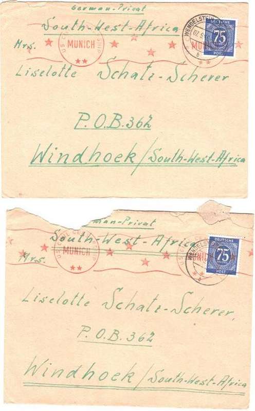 Postal History - 2 Letters, Germany to SWA 1946 with US civil Censorship
