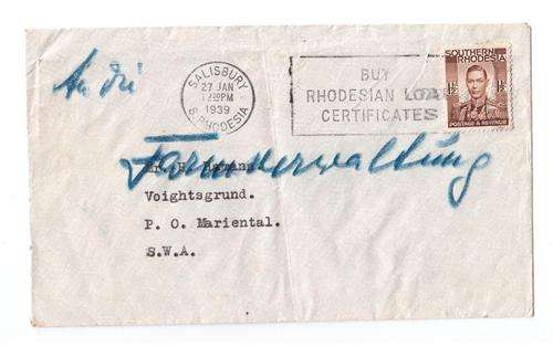 Letter Salisbury Southern Rhodesia 1939 to Mariental, SWA