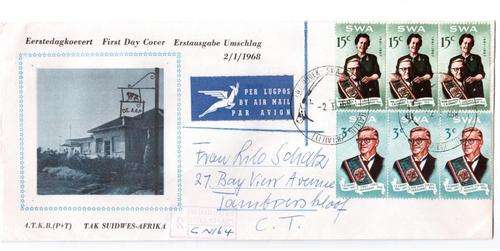 SWA FDC Registered Airmail 1968, 2 strips Windhoek philately, to Cape Town, with letter