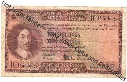 SA 10 Shillings 1955 - M de Kock 3rd - as per scan