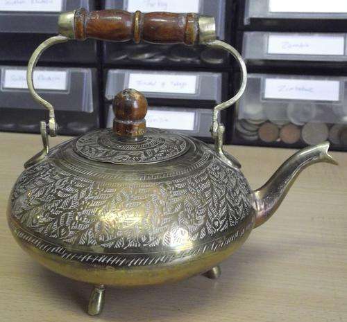 Pretty small Eastern brass & wood teapot - one part of handle clips out