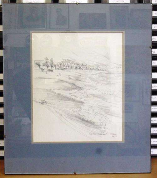 Glass framed pencil sketch by Chrisman Stander - High Tide, Camps Bay, 1977