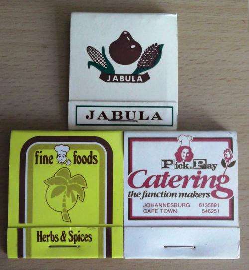 3 Vintage food related SA matchbooks : Jabula, Fine Foods & Pick `n Pay - all unused