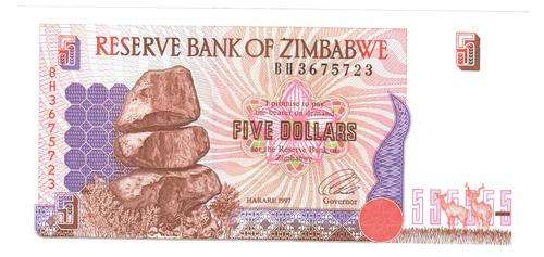 Zimbabwe 5 Dollars 1997, P.5a,(light brown) EF condition