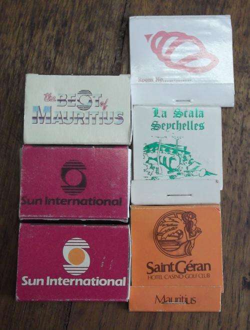 6 vintage matchbooks & boxes, from Mauritius & Seychelles - 1 partially used