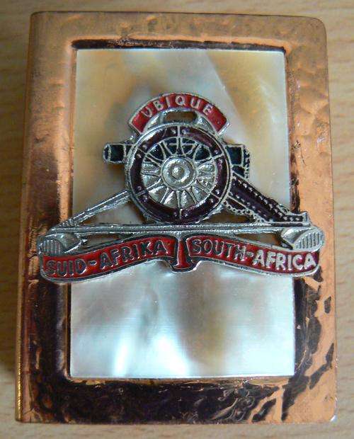 Ubique South Africa gunners enamelled copper matchbox holder