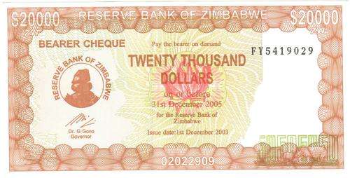 Zimbabwe 20,000 Dollars 2003/2005 P.23, Bearer Cheques Emergency Issue *not listed in catalog*