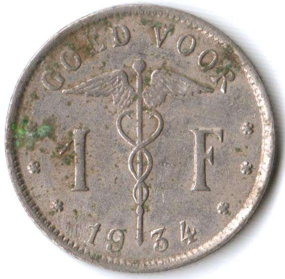 Belgium 1 Franc 1934, struck over in 1924