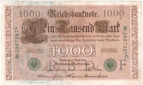 Germany 1000 Mark 1910, green seal - 103 years old