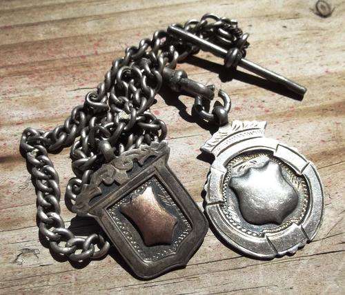 Antique hallmarked silver fob chain plus two pendant/plaques
