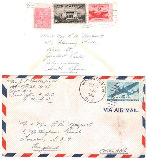 Postal History from 1940`s - 2x airmail letters from USA to SA & England