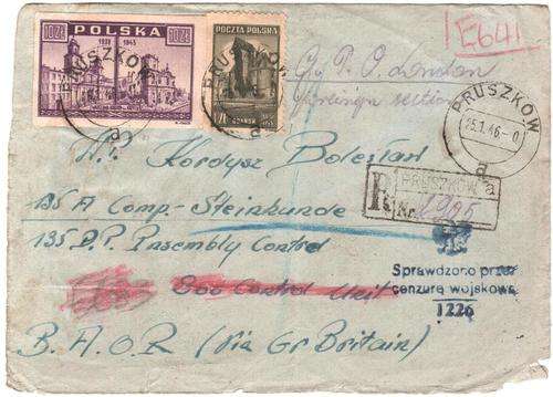 Postal History - Registered letter Pruszkow, Poland to BAOR 1946 - with censor stamp