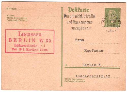 Postal History - Typed postcard, Berlin, Germany 1930
