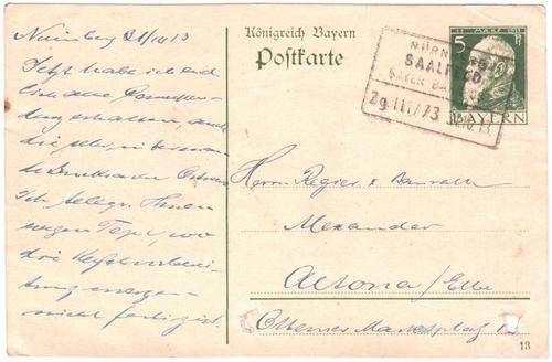 Postal History - Bayern postcard 1913, Nurnberg Saalfeld bahnpost railpost
