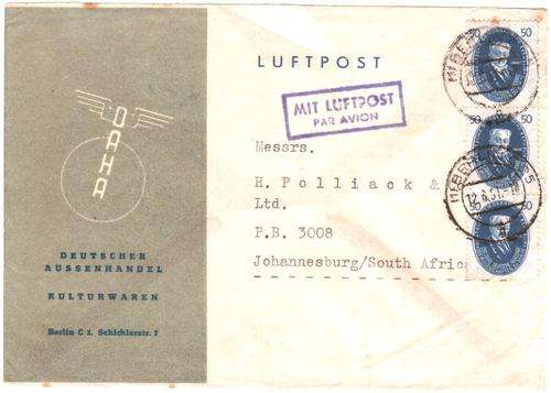 Postal History - Germany(DDR) airmail Berlin to JHB 1951, 50 Pfennig 1950 tripple stamps
