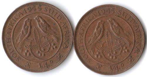 SA Union 1/4 Penny(Farthing) 1945 variety(wide 5) - see normal coin for comparison