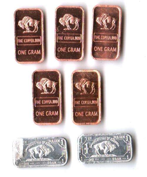 USA Buffalo bullion 5 x 1 gram .999 pure copper bars PLUS 2 free tin bars