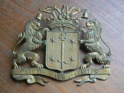 Large metal crest of Haarlem `Vicit Vim Virtus` with screw lugs