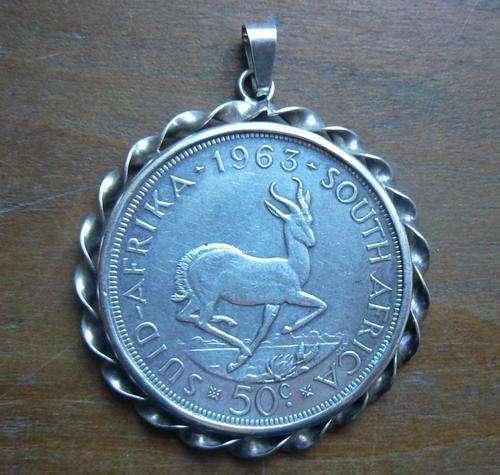 SA 1963 silver 50c crown-size coin made into pendant