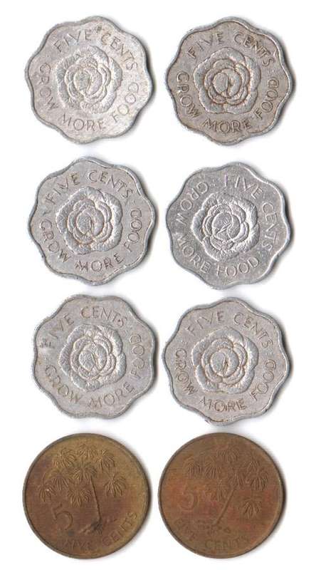 Seychelles 5 Cents 1972 (x6) & 1982 (x2)