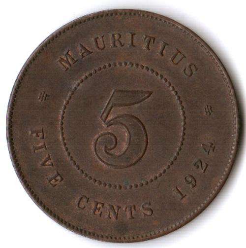 1924 Mauritius 5 Cents - excellent with some toning
