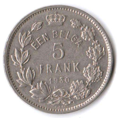1930 Belgium 5 Francs (Frank) Dutch legend
