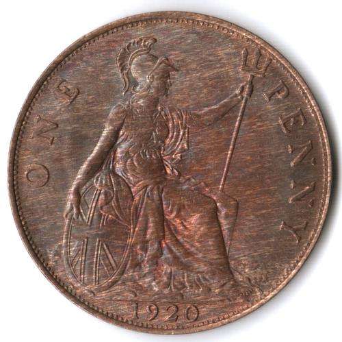 1920 Great Britain Penny toned - wood grain error, improper alloy mix