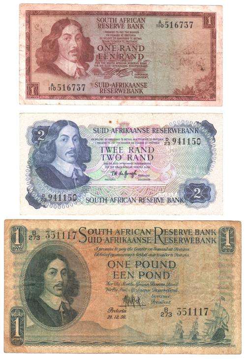 SA 3 Van Riebeeck notes: R1 Rissik 1966, R2 De Jongh 1974 and 1 Pound De Kock 1956