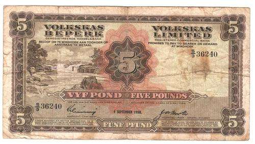 1958 South West Africa Volkskas 5 Pounds *very rare, as per scan*