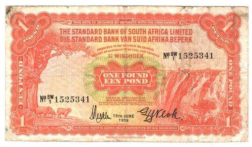 1959 South West Africa 1 Pound Standard Bank, as per scans (small tear at top right)