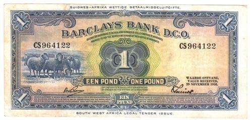 1958 South West Africa 1 Pound Barclays Bank *great note*