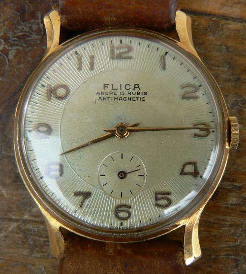 Stylish 1950s gold-plated men's Swiss-made Flica wristwatch - recently serviced - hard to find