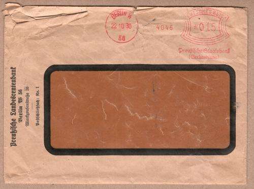 1930 used window envelope Breubijche Pension Bank Berlin