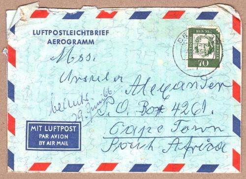 1966 Postal History Aerogram Berlin to Cape Town