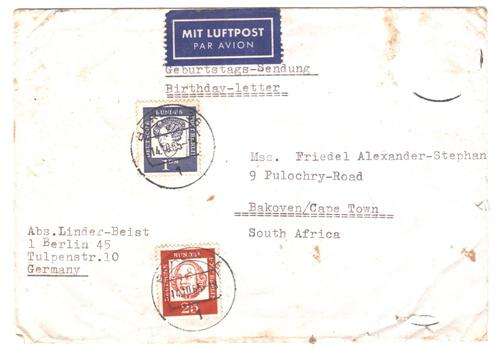Postal history airmail birthday letter envelope Berlin to Cape Town 1965