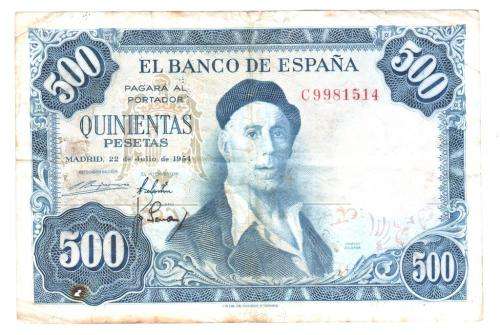 1954 Spain 500 Pesetas p.148, burn mark