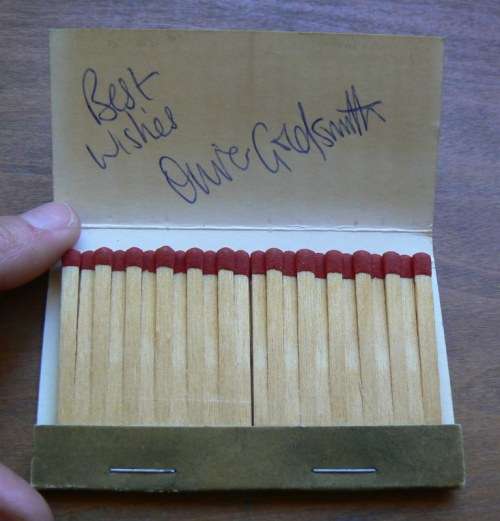 Unusual Oliver Goldsmith eyewear matchbook - signed *very rare*