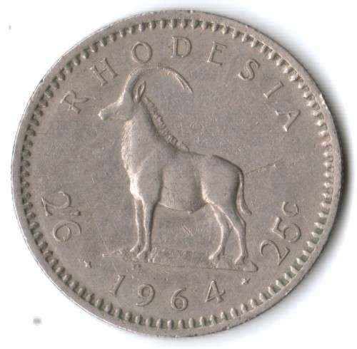 1964 Rhodesia 25 cent (2 1/2 shillings) error - lamination fault on reverse, extra tail