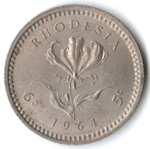 1964 Rhodesia 5 cents (6 pence) error - strike fault over E in `Rhodesia`