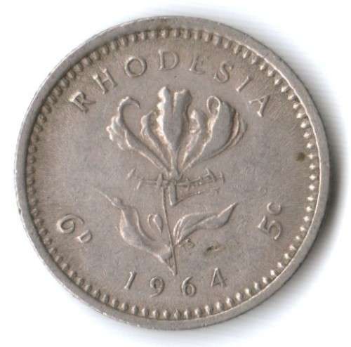 1964 Rhodesia 5 cents (6 pence) error - heavy striation affecting lettering