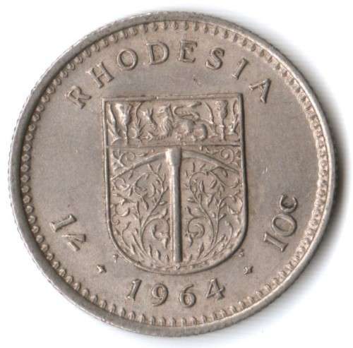 1964 Rhodesia 10 cent (1 shilling), error - split crossbar in H