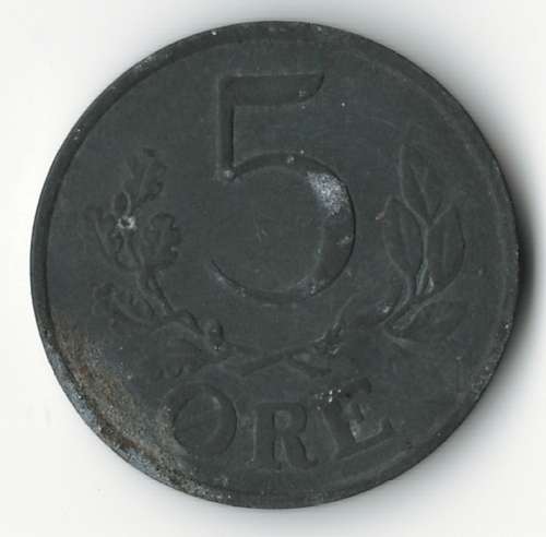 1945 Denmark 5 Ore zinc WWII *key date